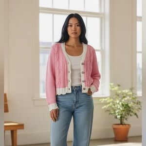 POL Button Down Cable-Knit Cardigan with Contrast Border Accents